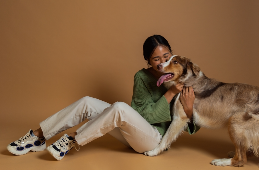 fille vietnamienne avec son chien beige et pantalon beige chandail vert et border collie qui sourit